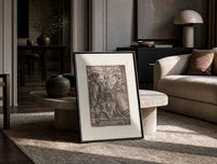 Nobleman and lady with hourglass print in a black frame leaning on a travertine table in a sunlit lounge