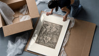 Nobleman and lady with hourglass framed print being unpacked from protective bubble wrap and a box