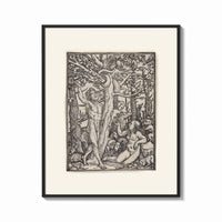 Framed Adam and Eve in Eden print shown as a bold statement piece on a clean gallery wall