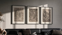 Death visiting medieval figures, three scenes triptych in three black frames on a grey wall above a leather sofa