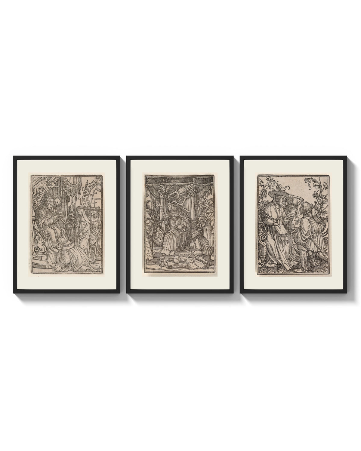 Death visiting medieval figures, three scenes arranged on a bright gallery wall