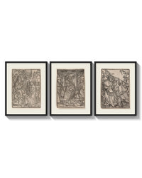 Death visiting medieval figures, three scenes arranged on a bright gallery wall
