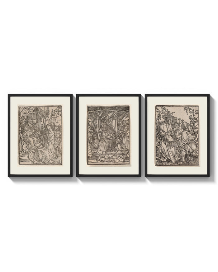 Death visiting medieval figures, three scenes three-panel set arranged as a triptych on a bright gallery wall
