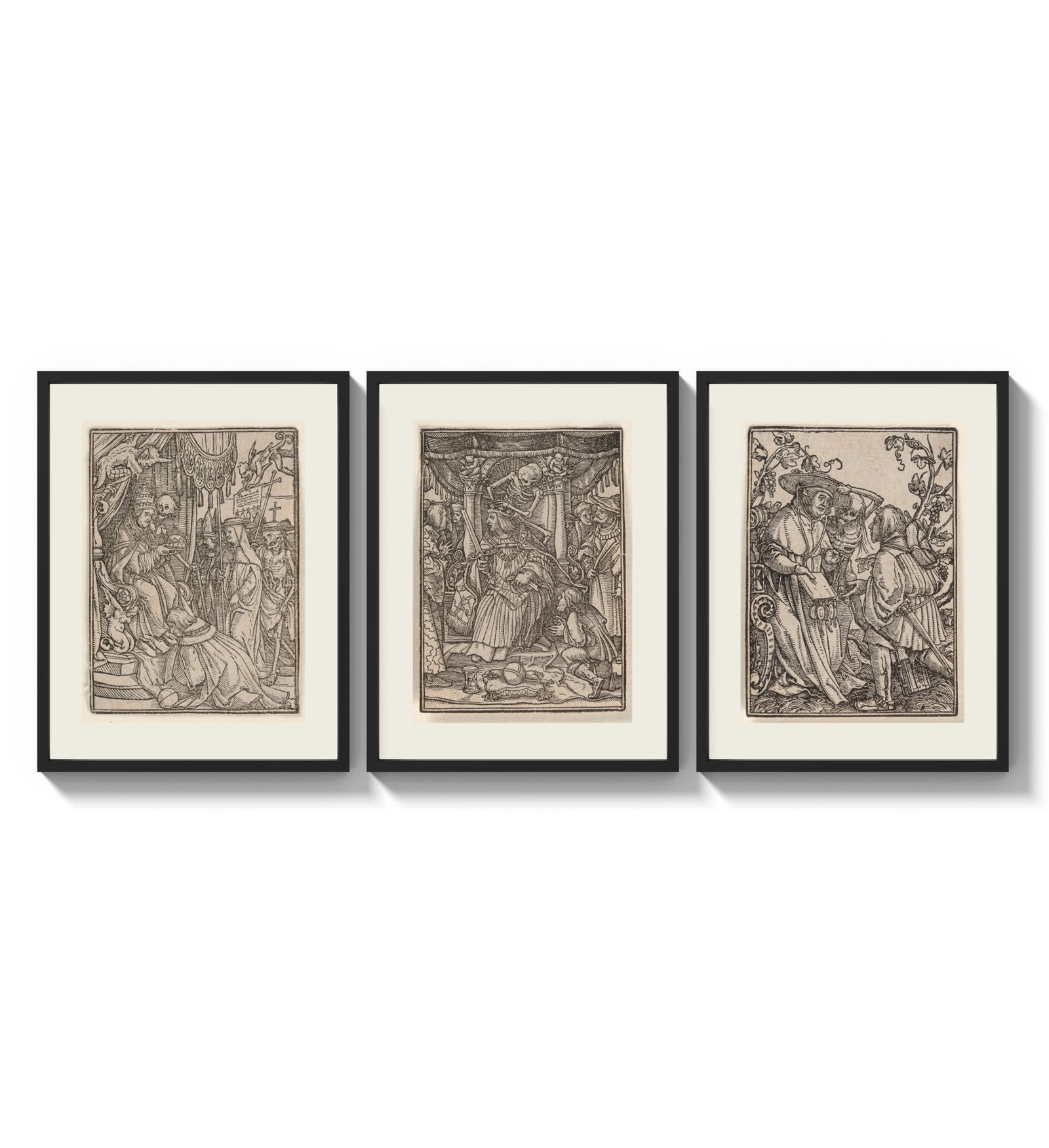 Death visiting medieval figures, three scenes three-panel set arranged as a triptych on a bright gallery wall