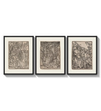 Death visiting medieval figures, three scenes three-panel set arranged as a triptych on a bright gallery wall