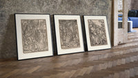 Death visiting medieval figures, three scenes three-piece set leaning on parquet beside a vintage loft door