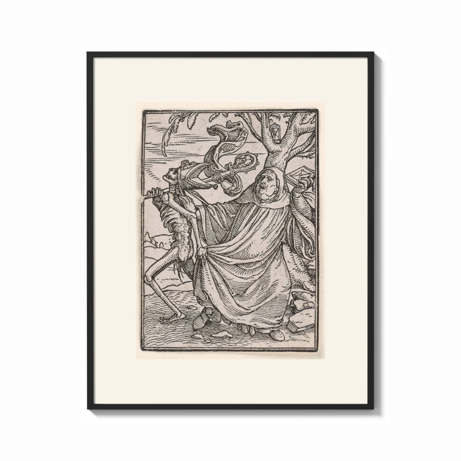 Framed Death leading a robed figure print shown as a bold statement piece on a clean gallery wall
