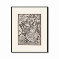 Framed Death leading a robed figure print shown as a bold statement piece on a clean gallery wall