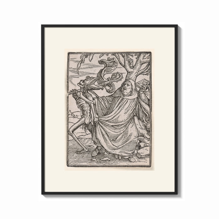 Framed Death leading a robed figure print shown as a bold statement piece on a clean gallery wall