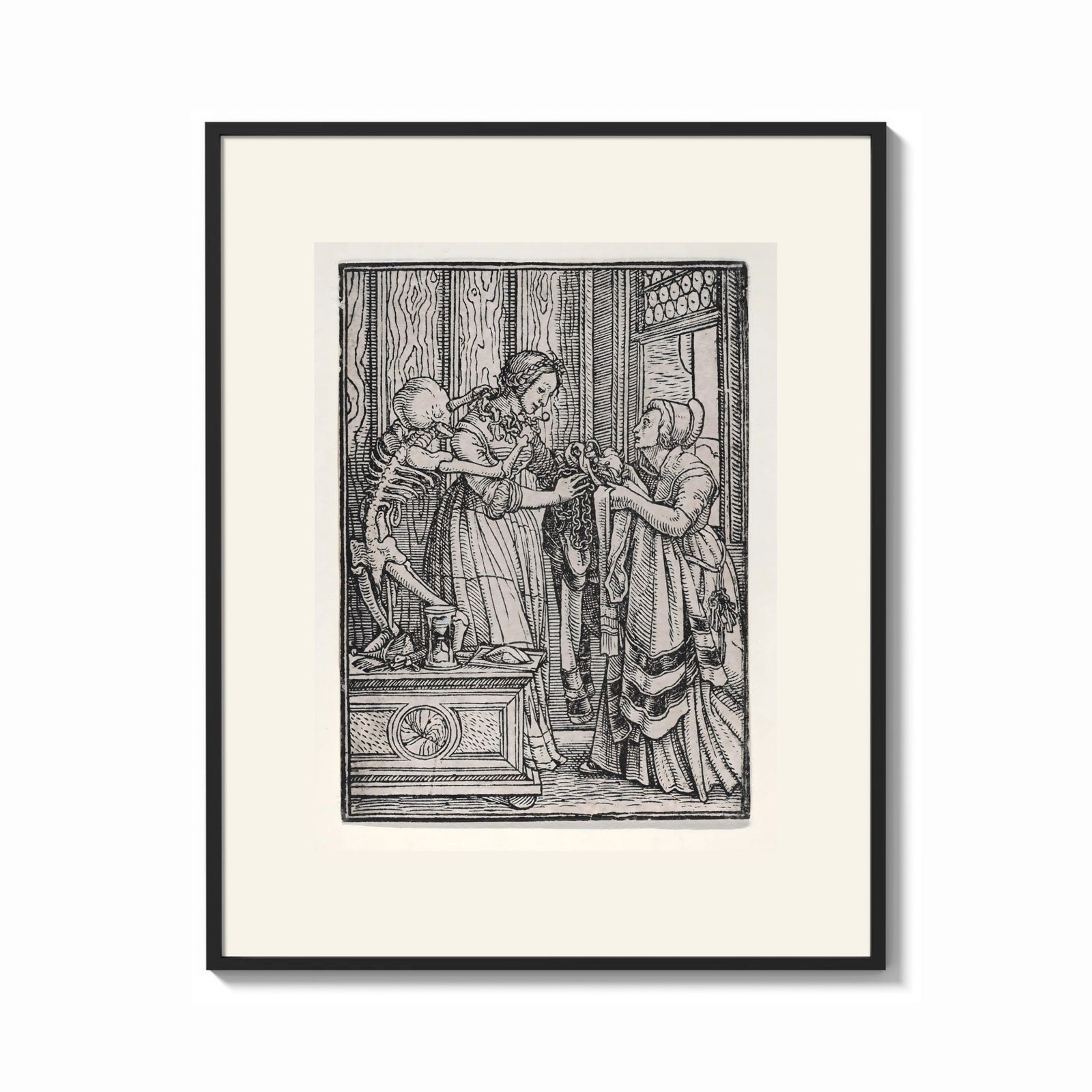 Framed Death and two noblewomen print shown as a bold statement piece on a clean gallery wall