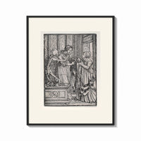 Framed Death and two noblewomen print shown as a bold statement piece on a clean gallery wall
