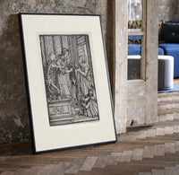 Death and two noblewomen print in a black frame leaning beside a vintage door on parquet