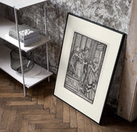 Death and two noblewomen poster in a black frame leaning beside a shelf in a raw-plaster loft