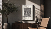 Death and two noblewomen poster framed above a fluted sideboard beside an olive tree
