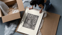 Death and two noblewomen framed print being unpacked from protective bubble wrap and a box