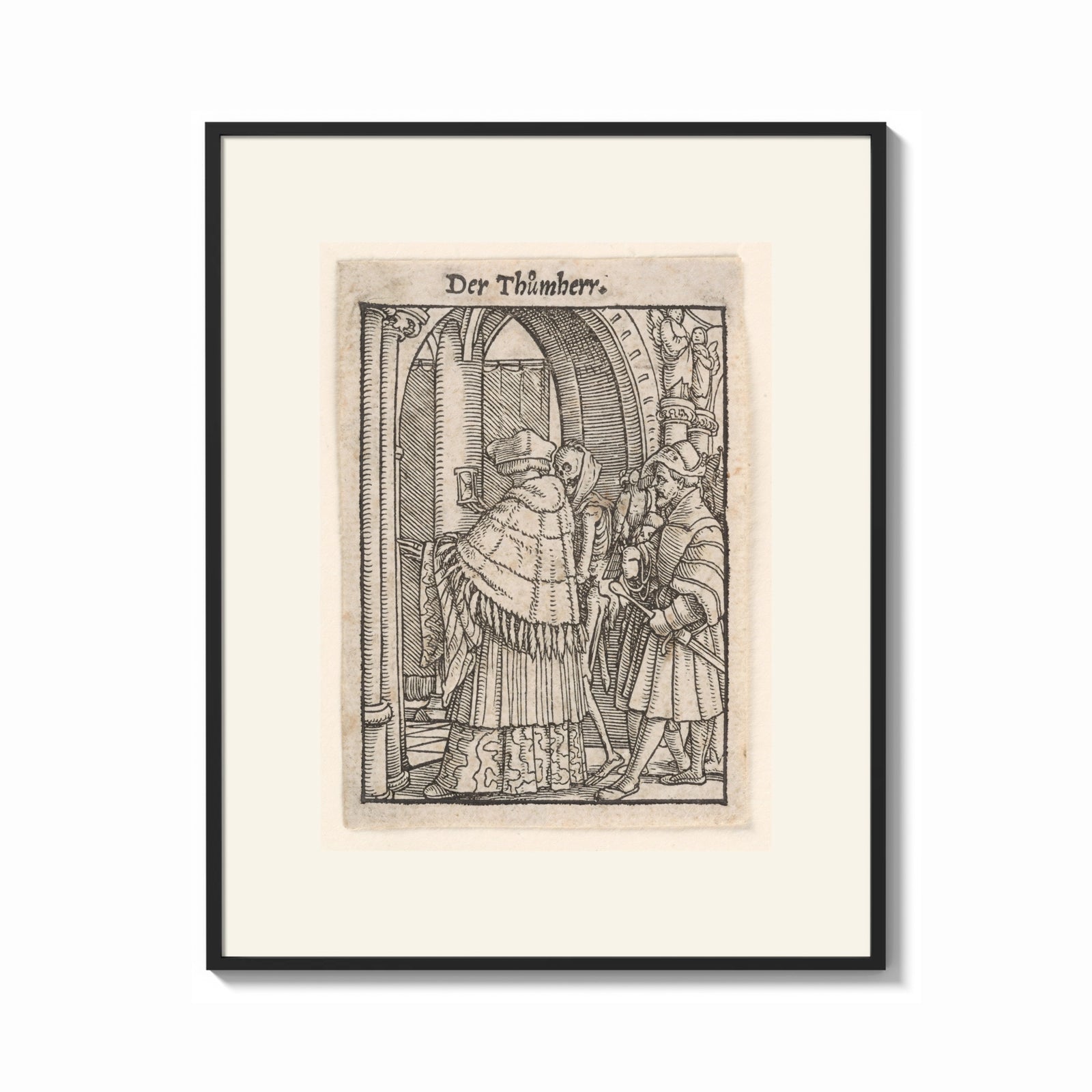 Framed Death and clergyman woodcut scene print shown as a bold statement piece on a clean gallery wall