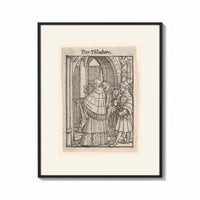 Framed Death and clergyman woodcut scene print shown as a bold statement piece on a clean gallery wall