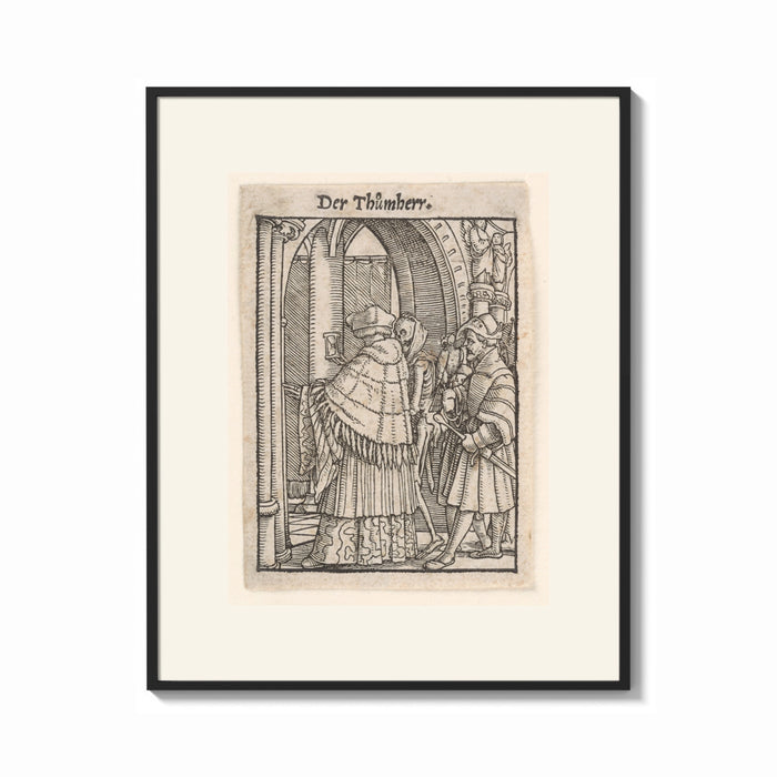 Framed Death and clergyman woodcut scene print shown as a bold statement piece on a clean gallery wall