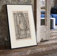Death and clergyman woodcut scene print in a black frame leaning beside a vintage door on parquet