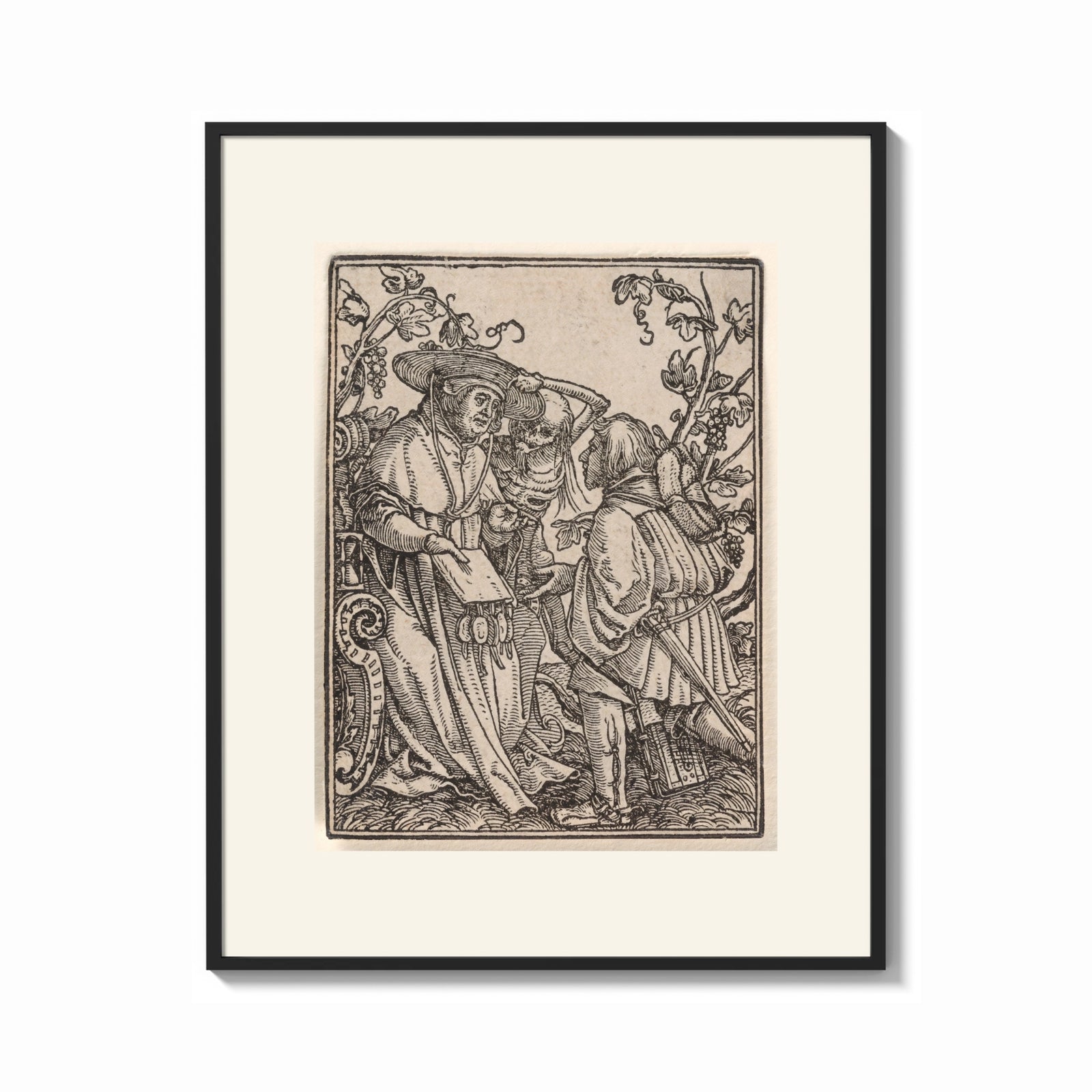 Framed Death confronts two men outdoors print shown as a bold statement piece on a clean gallery wall