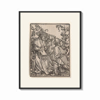 Framed Death confronts two men outdoors print shown as a bold statement piece on a clean gallery wall