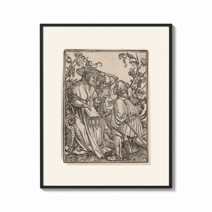 Framed Death confronts two men outdoors print shown as a bold statement piece on a clean gallery wall