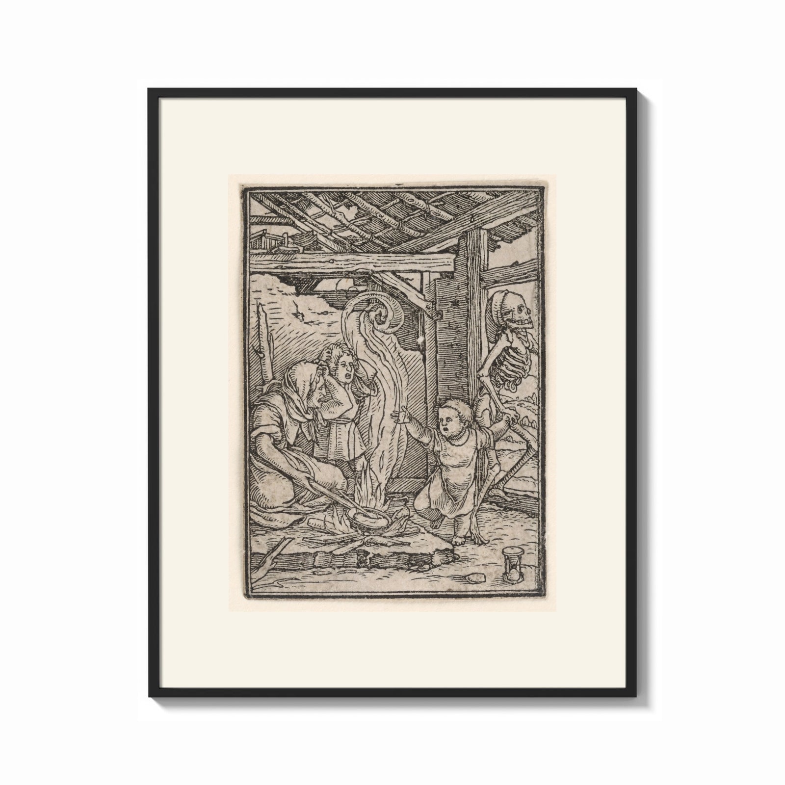 Framed Death with skeleton takes a child print shown as a bold statement piece on a clean gallery wall