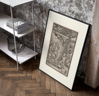 Death with skeleton takes a child poster in a black frame leaning beside a shelf in a raw-plaster loft
