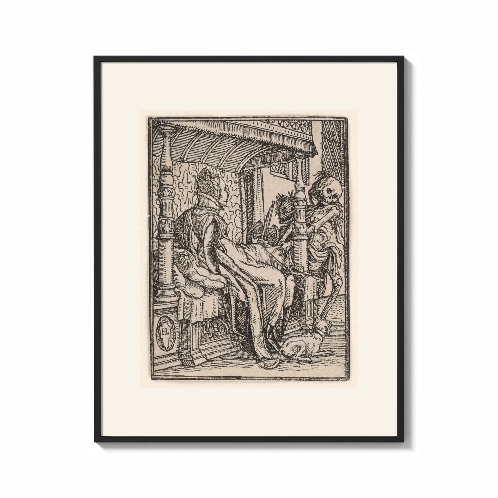 Framed Death visiting seated nobleman print shown as a bold statement piece on a clean gallery wall