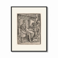 Framed Death visiting seated nobleman print shown as a bold statement piece on a clean gallery wall