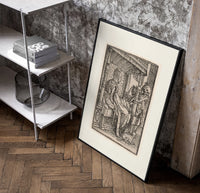 Death visiting seated nobleman poster in a black frame leaning beside a shelf in a raw-plaster loft