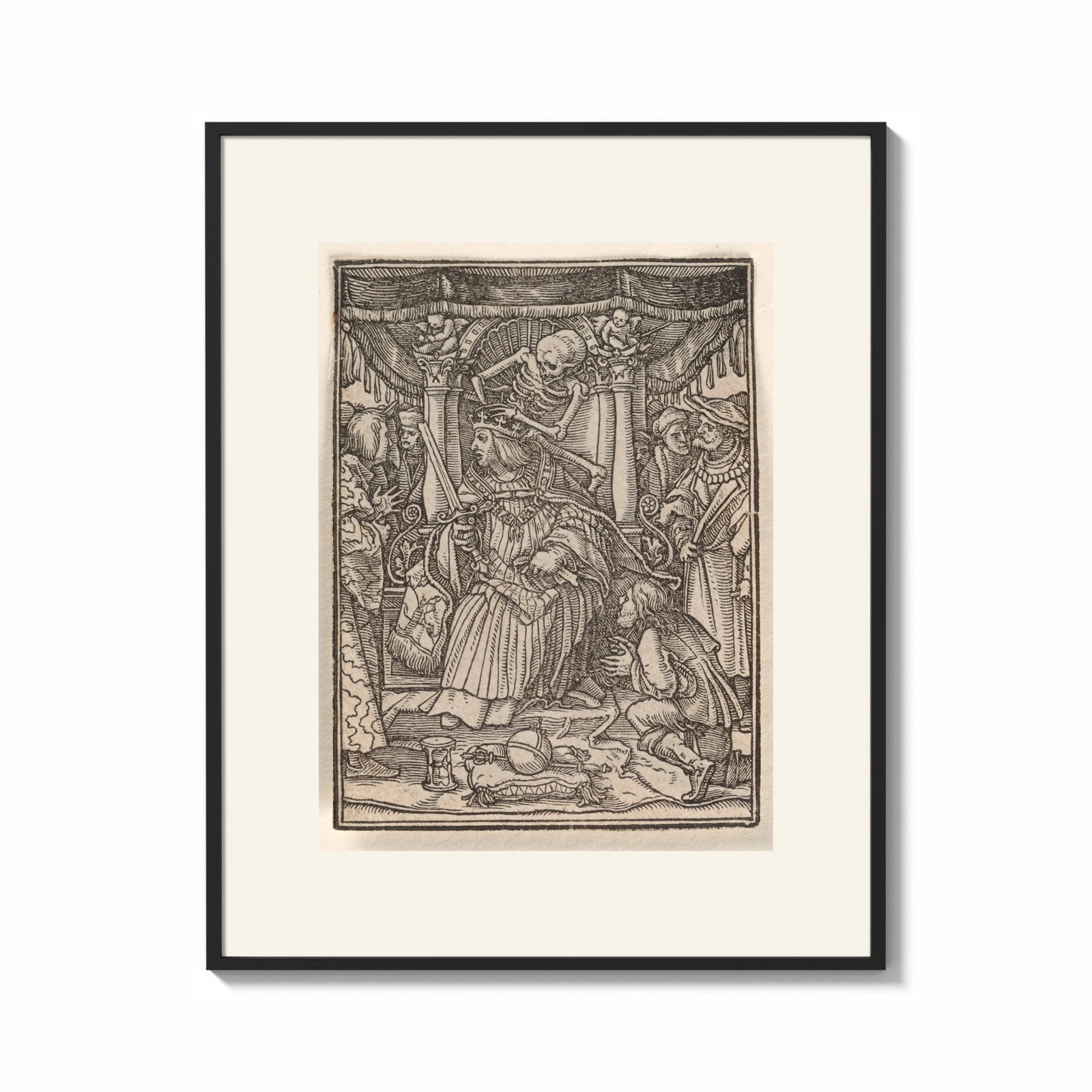 Framed Death crowning enthroned king print shown as a bold statement piece on a clean gallery wall