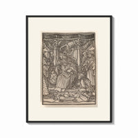Framed Death crowning enthroned king print shown as a bold statement piece on a clean gallery wall