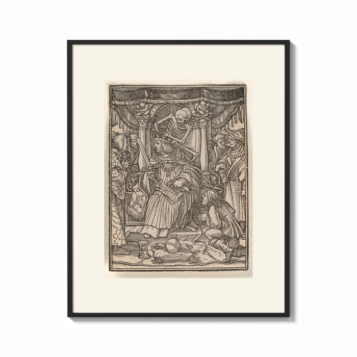 Framed Death crowning enthroned king print shown as a bold statement piece on a clean gallery wall