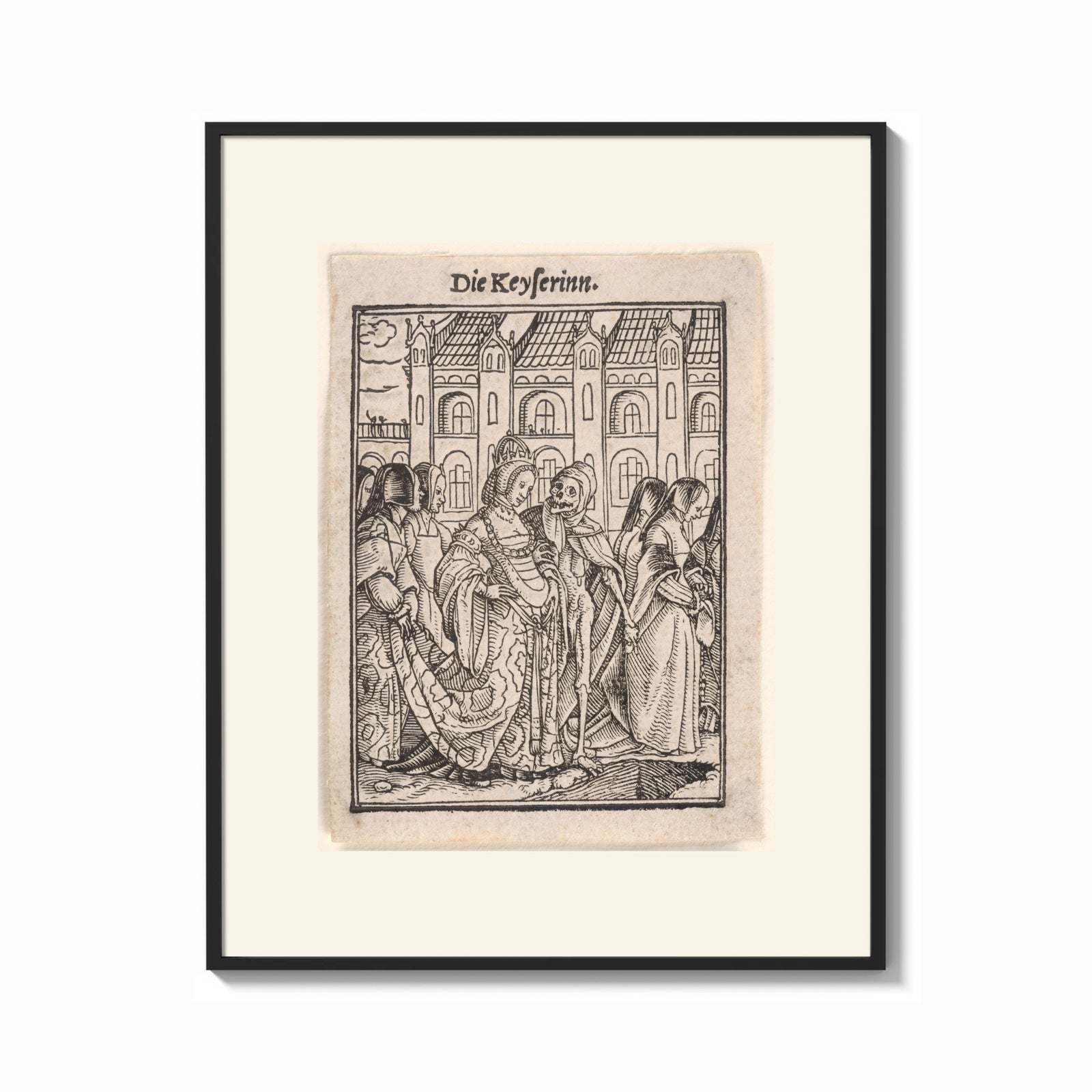 Framed Death dancing with empress print shown as a bold statement piece on a clean gallery wall