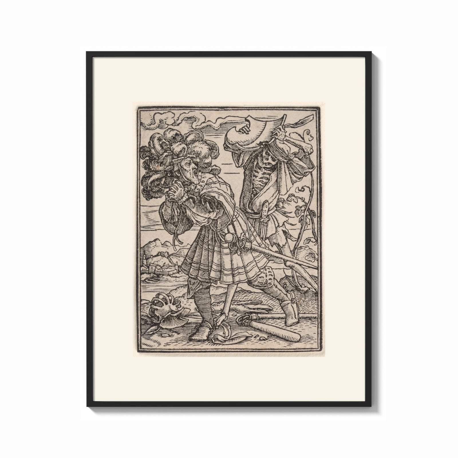 Framed Nobleman confronted by skeletal Death print shown as a bold statement piece on a clean gallery wall