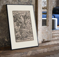 Nobleman confronted by skeletal Death print in a black frame leaning beside a vintage door on parquet