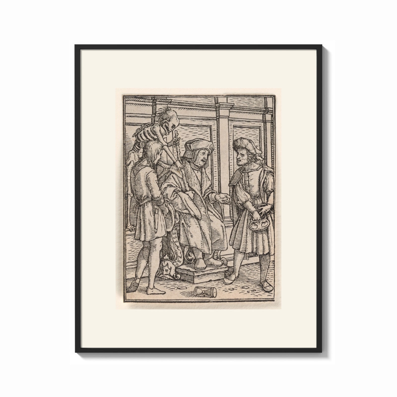 Framed Death confronts judge and man print shown as a bold statement piece on a clean gallery wall