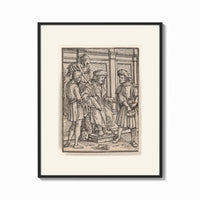 Framed Death confronts judge and man print shown as a bold statement piece on a clean gallery wall