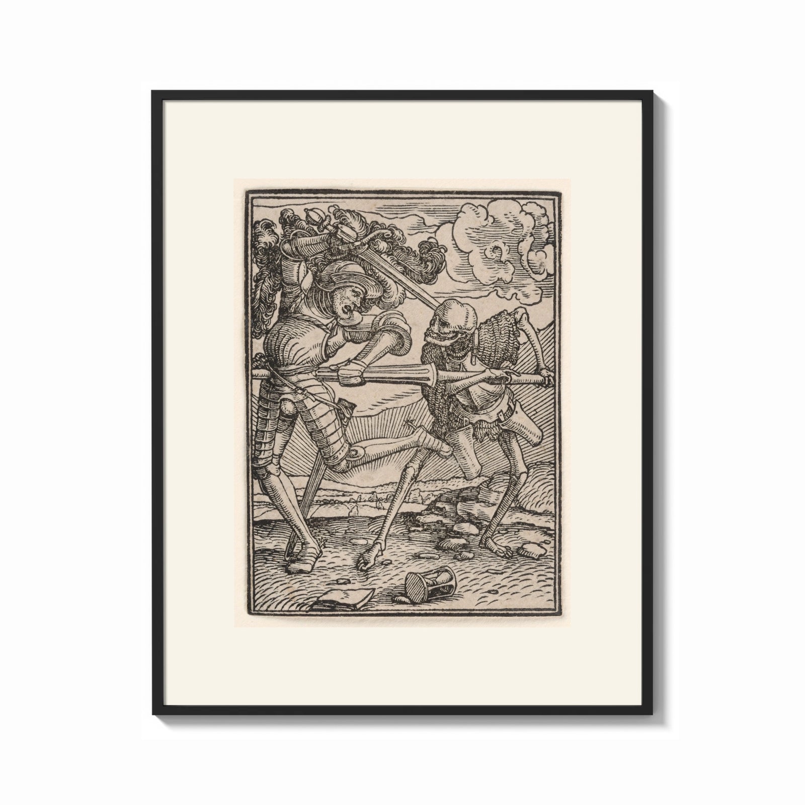 Framed Death fighting armored nobleman print shown as a bold statement piece on a clean gallery wall