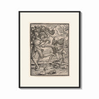 Framed Death fighting armored nobleman print shown as a bold statement piece on a clean gallery wall