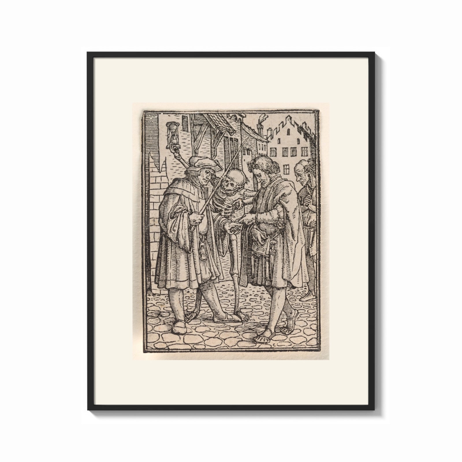Framed Death confronts man, Dance of Death print shown as a bold statement piece on a clean gallery wall