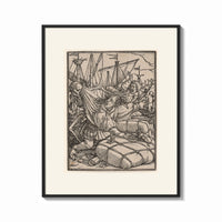 Framed Death seizing merchant among cargo bales print shown as a bold statement piece on a clean gallery wall