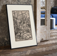 Death seizing merchant among cargo bales print in a black frame leaning beside a vintage door on parquet