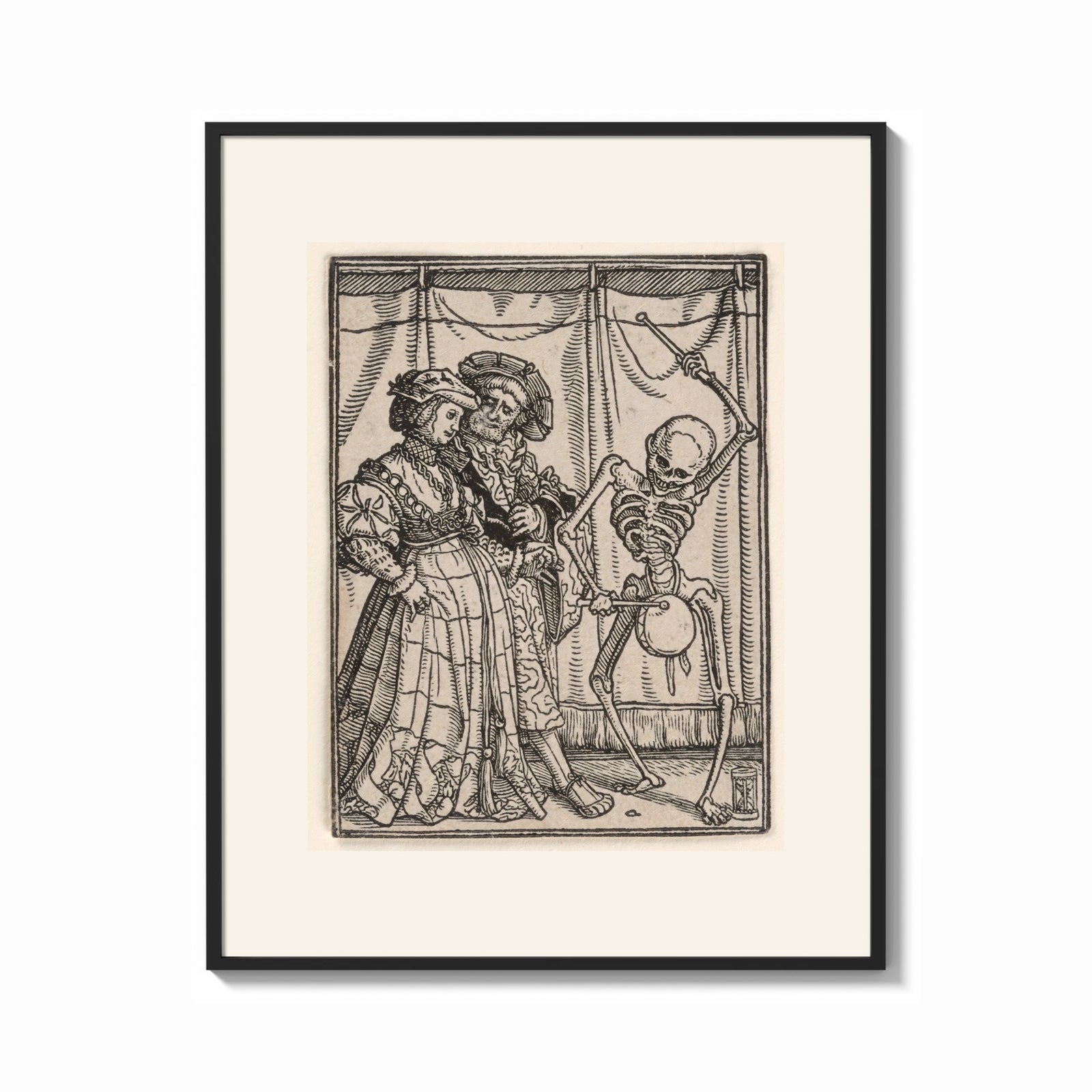 Framed Death dancing with noble couple print shown as a bold statement piece on a clean gallery wall