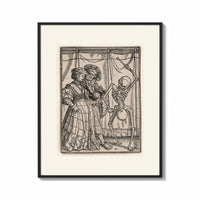 Framed Death dancing with noble couple print shown as a bold statement piece on a clean gallery wall