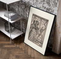 Death dancing with noble couple poster in a black frame leaning beside a shelf in a raw-plaster loft