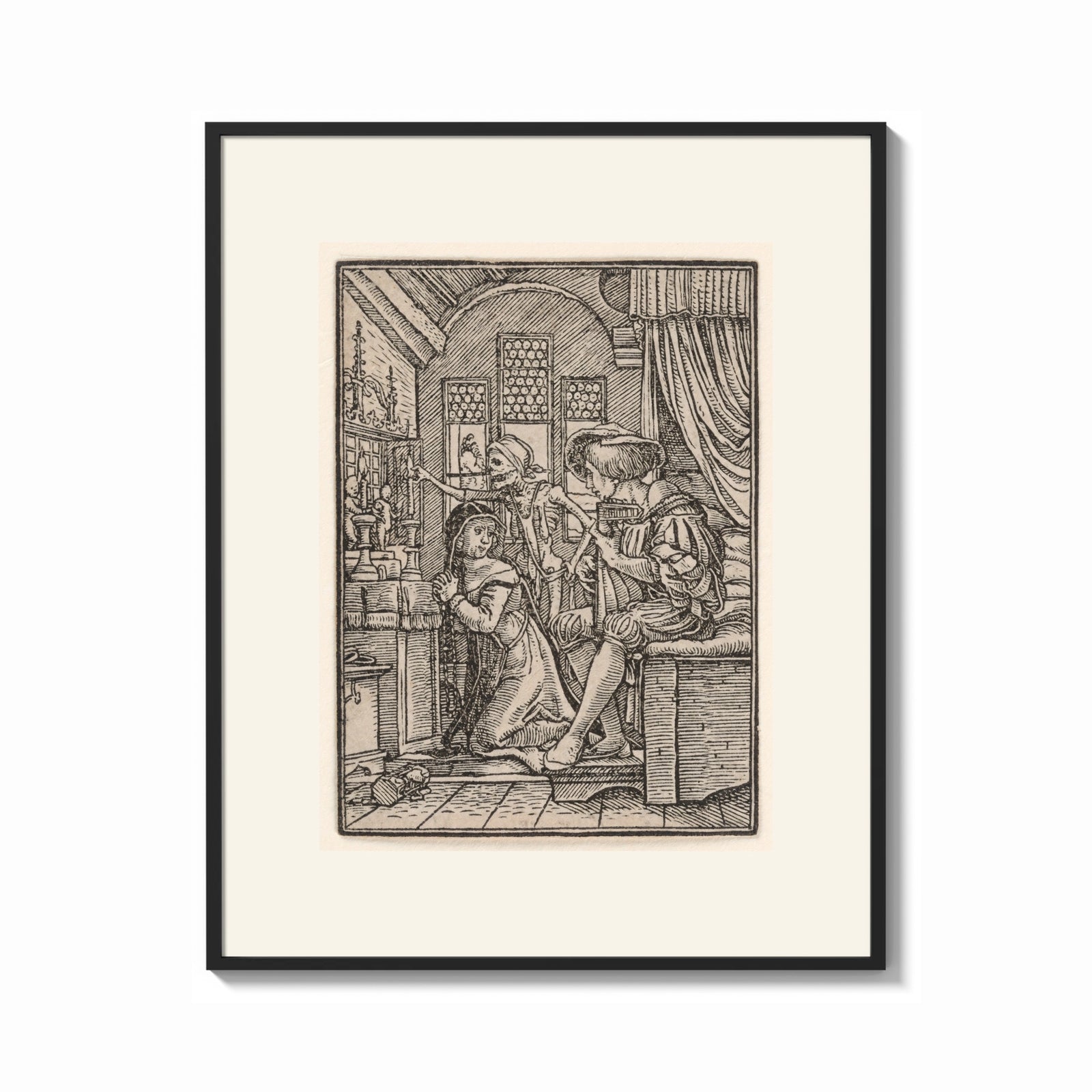 Framed Death confronting couple in bedchamber print shown as a bold statement piece on a clean gallery wall