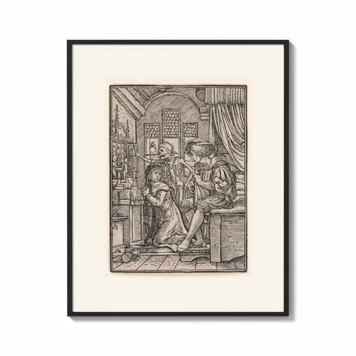 Framed Death confronting couple in bedchamber print shown as a bold statement piece on a clean gallery wall
