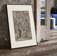 Death confronting couple in bedchamber print in a black frame leaning beside a vintage door on parquet